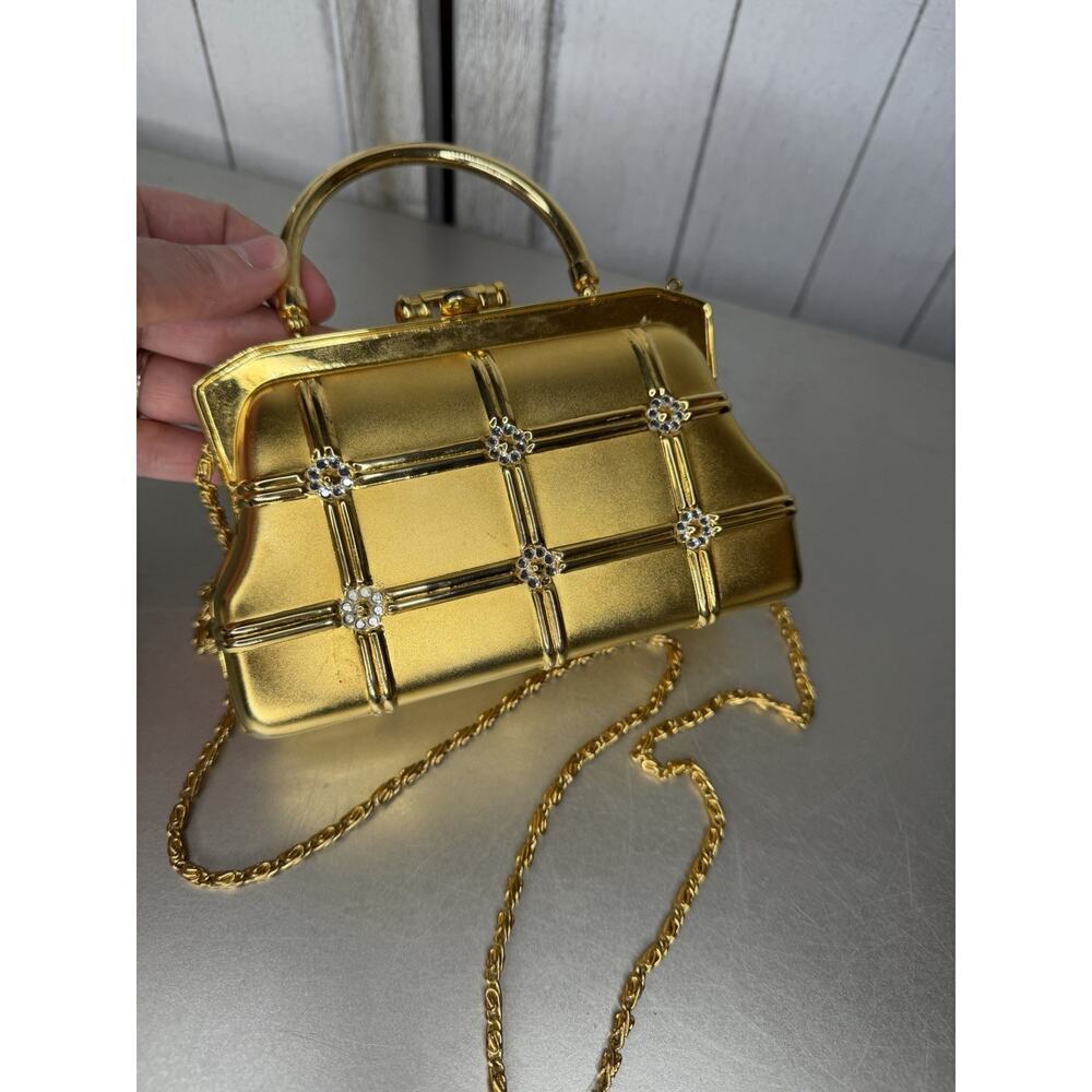 VTG Comeco Gold Metal Pill Mini Bag Floral Rhinestone Top Handle Shoulder Bag